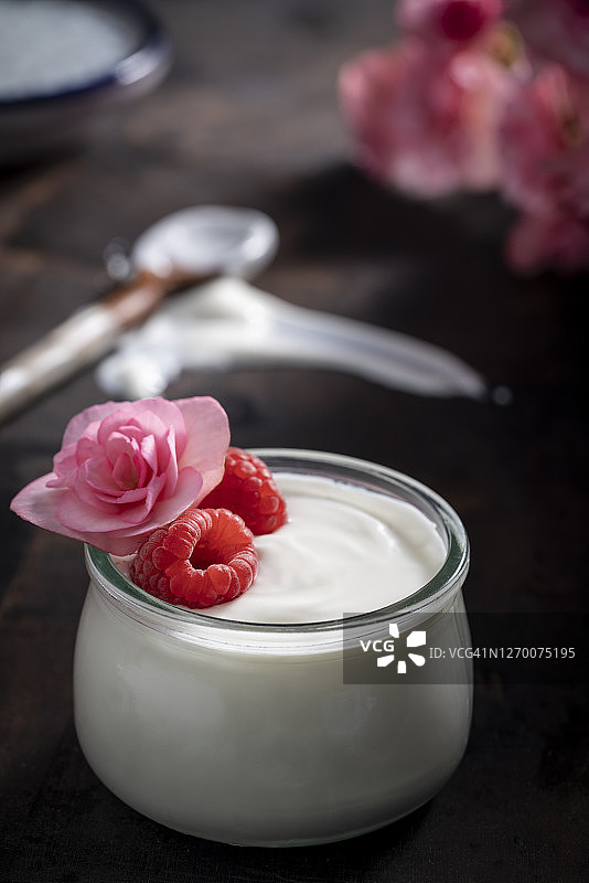 覆盆子酸奶罐与粉色秋海棠花图片素材