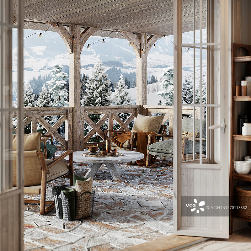 雪冬小屋阳台3D渲染图片素材
