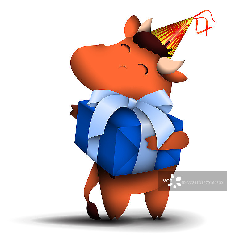 手持新年礼盒的卡通牛，2021中国新年 символом图片素材