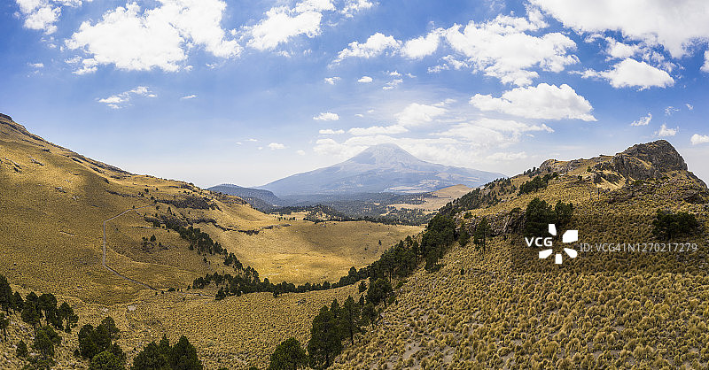 阳光明媚的风景，墨西哥波波卡特佩特火山图片素材