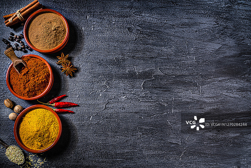 印度香料背景：肉桂粉、辣椒粉和姜黄粉图片素材