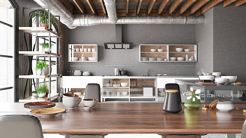 带桌子的阁楼厨房图片素材
