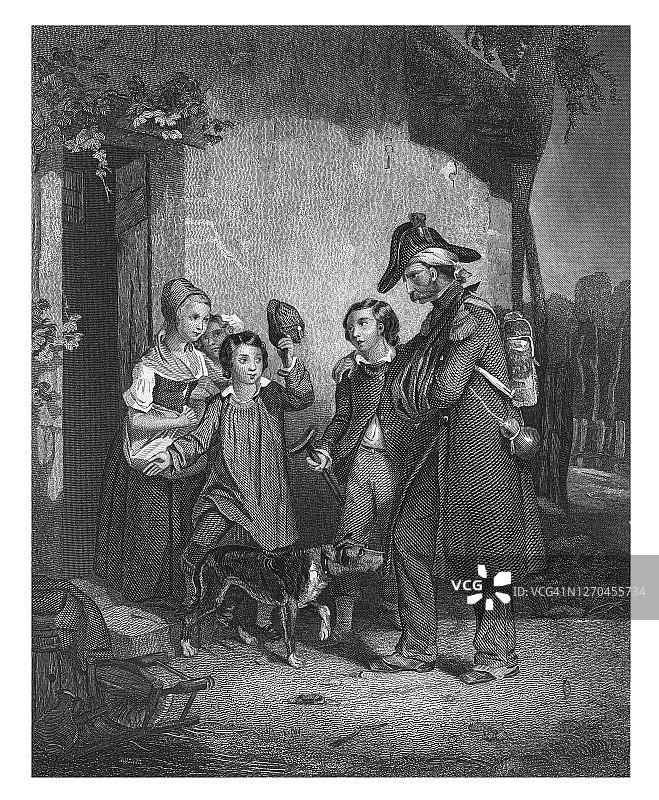 滑铁卢战役之后：一名男子从滑铁卢战役归来的古董插画图片素材