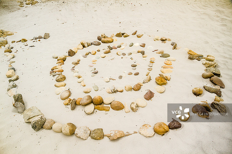 沙滩上排列成圆圈的鹅卵石图片素材