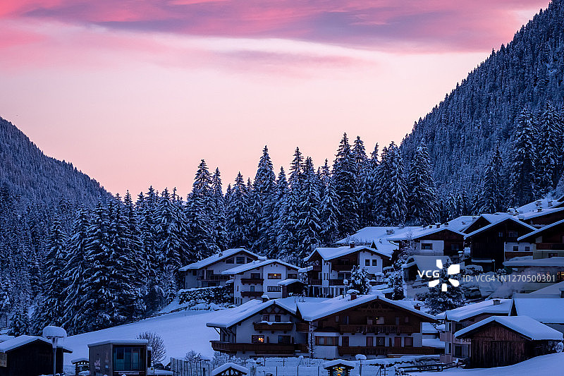 冬日清晨奥地利村庄：雪林和蒂罗尔房屋图片素材