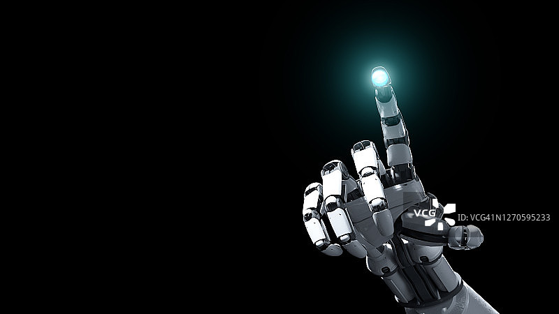 3D机器人手臂触摸HUD全息界面，访问人工智能指挥官的赛博工业系统图片素材