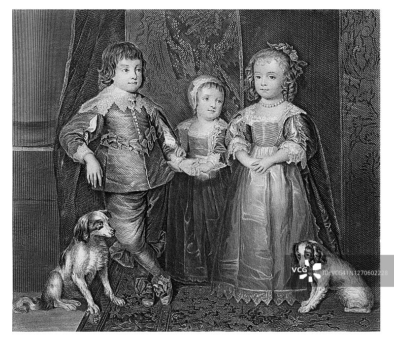 查理一世的三个长子女（安东尼·范·戴克油画）古版画插图图片素材
