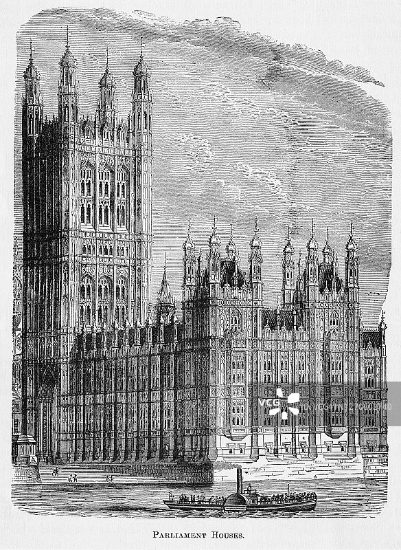 英国威斯敏斯特宫议会大厦旧版画插图图片素材