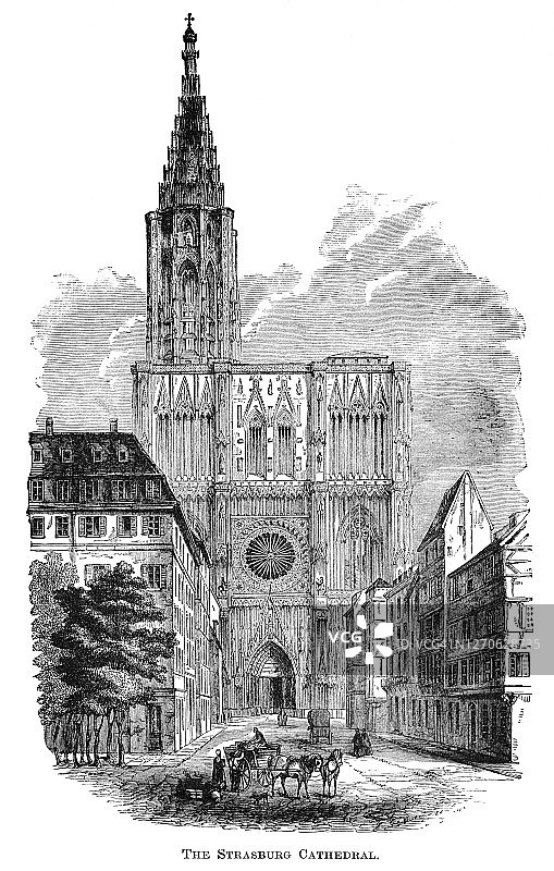 古老雕刻插图：斯特拉斯堡主教座堂图片素材