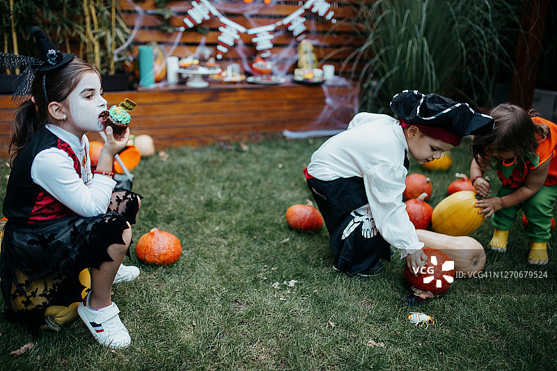 孩子们在后院的万圣节派对上吃糖果图片素材