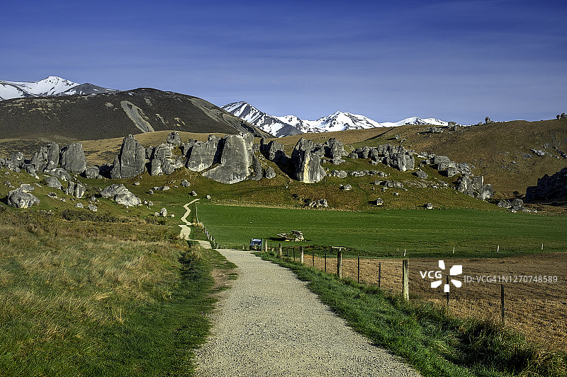 新西兰南岛城堡山晨曦景观，阳光洒在石头上，远处可见雪山图片素材