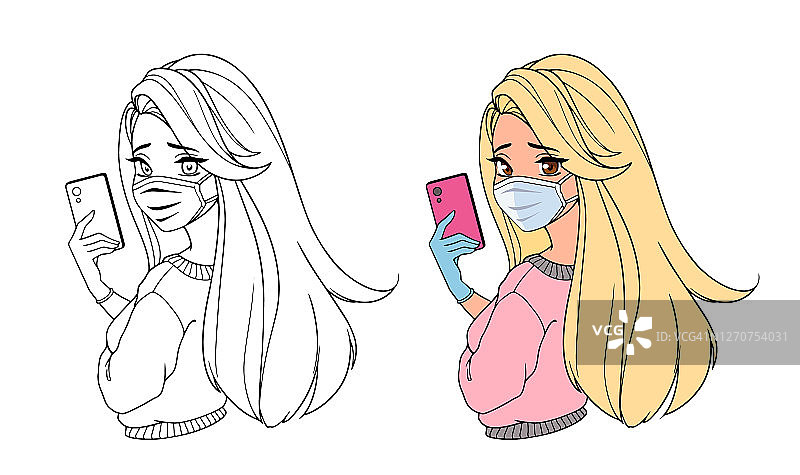 留着金色长发，正在自拍的漂亮卡通女孩图片素材