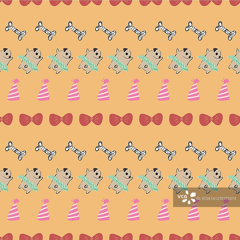 巴哥犬领结蓬蓬裙派对帽骨头无缝图案图片素材