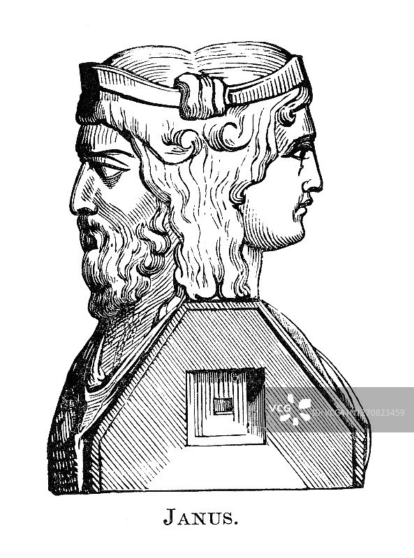 老式雕刻古罗马神祇雅努斯插图图片素材