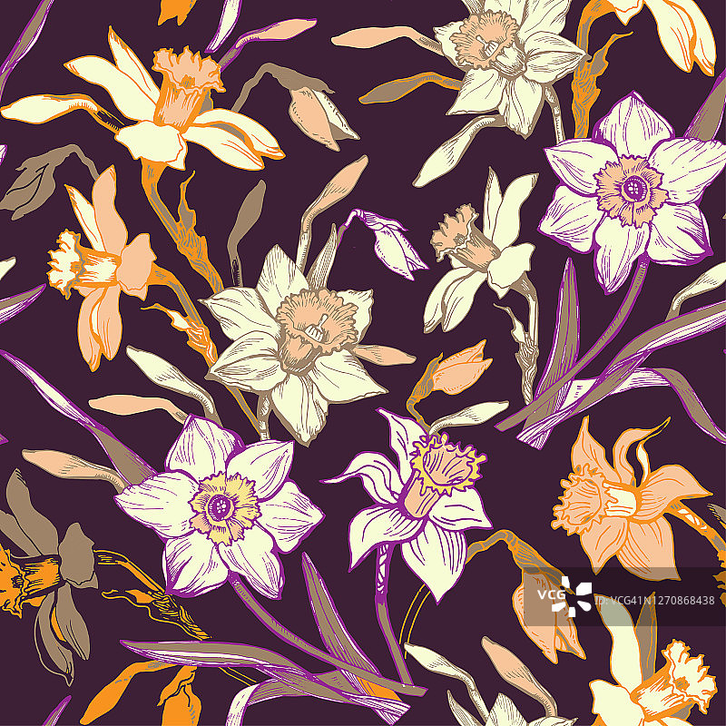 手绘水仙花彩色花卉无缝图案图片素材