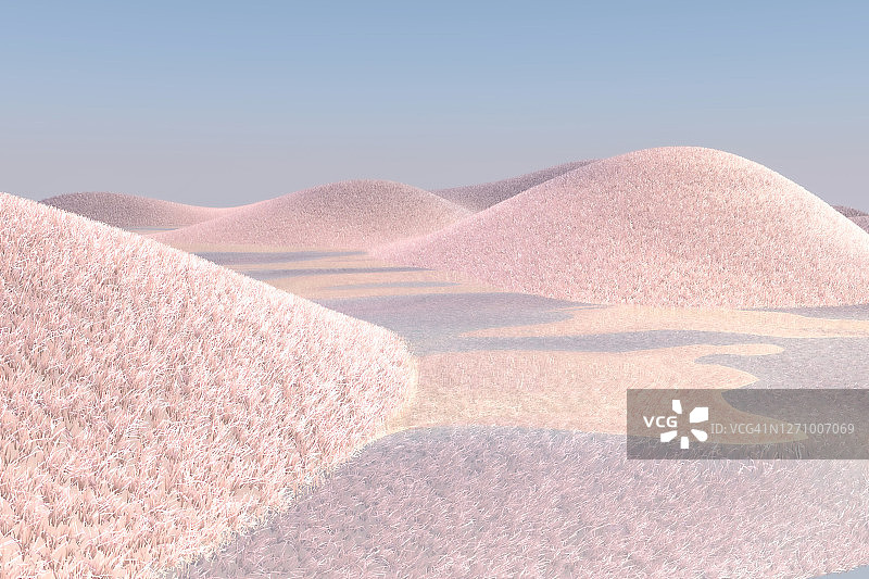 梦幻般的景观，有蓬松的山丘和水的超现实渲染图片素材