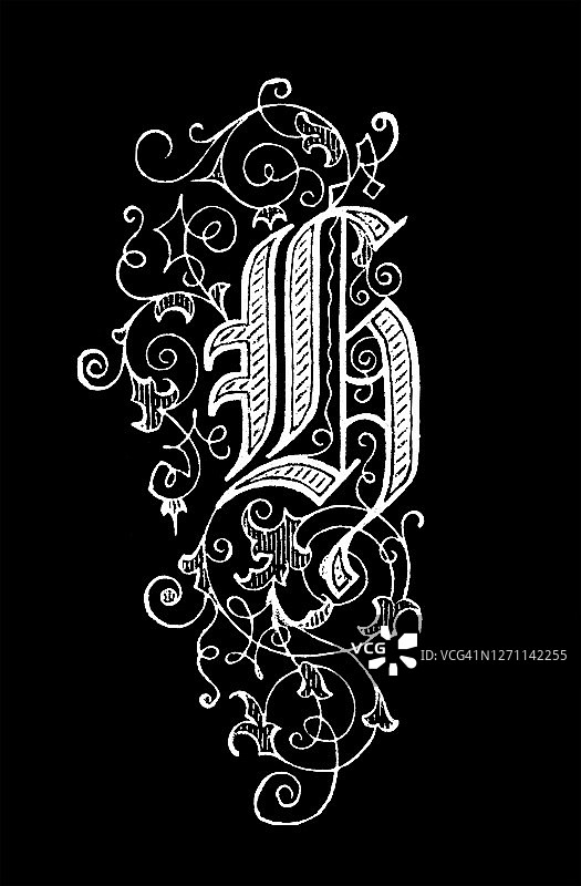 字母H的古老雕刻插图，装饰性装饰图片素材