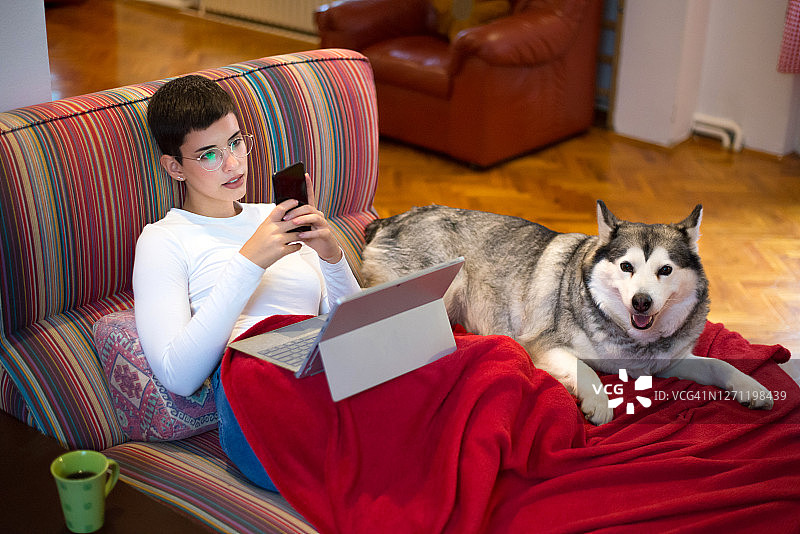 居家女人和她的狗一起使用手机图片素材