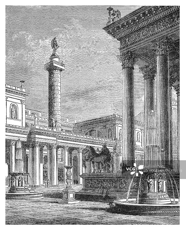 罗马广场和图拉真柱古版画插图图片素材