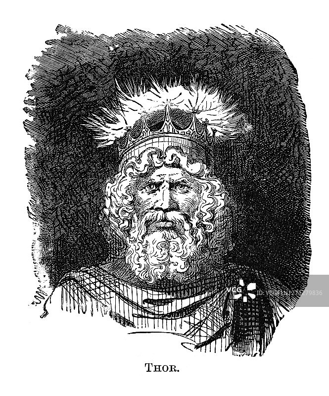 手持锤子的雷神肖像：掌控闪电、雷霆、风暴，守护神圣树林，庇佑人类，掌管丰饶，日耳曼神话图片素材