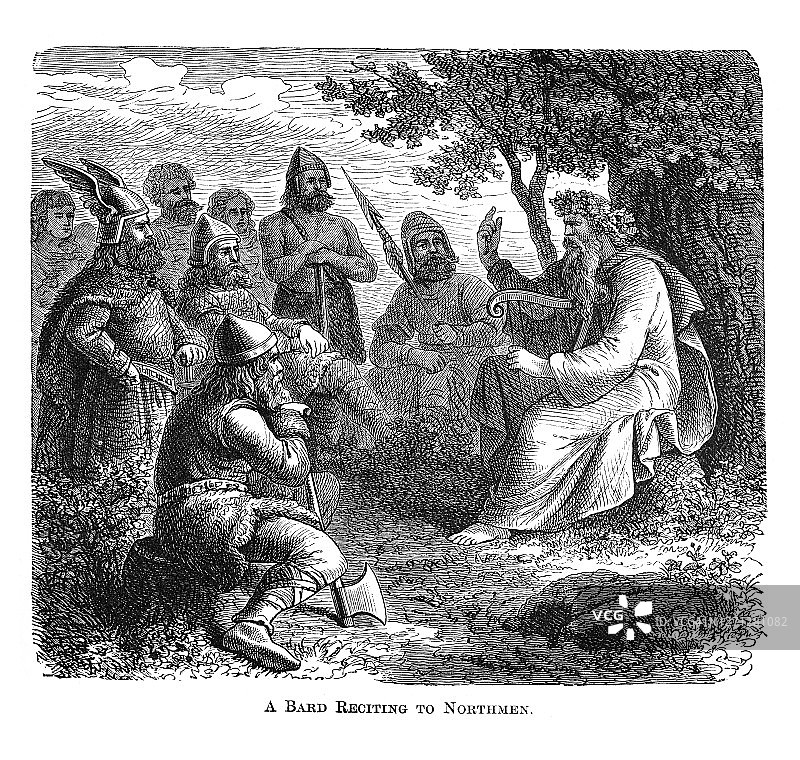 维京吟游诗人向北方人歌唱英雄传奇的古老雕刻插图图片素材