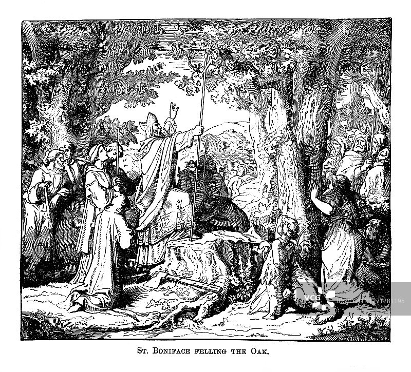 圣博尼法斯砍伐多纳尔之橡树的古老雕刻插图，该树是异教德国人的神圣之树。图片素材