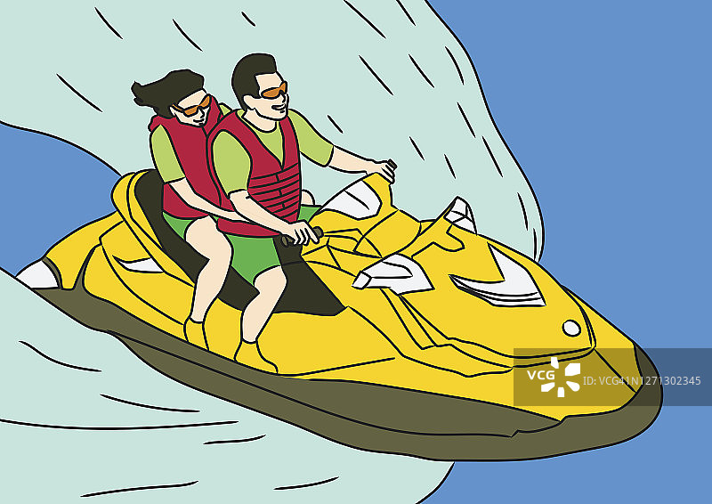 情侣在海上驾驶水上摩托艇图片素材