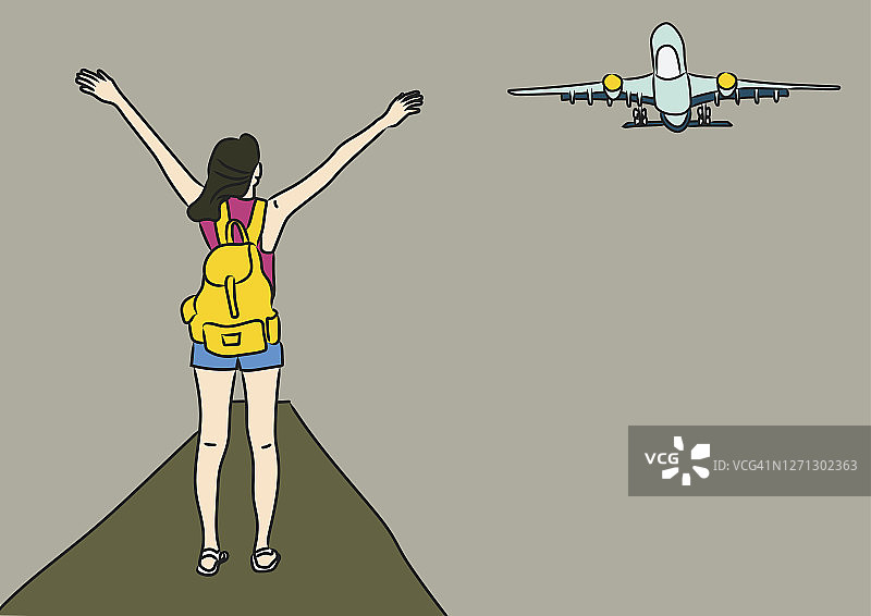 女人看着飞机并张开双臂图片素材