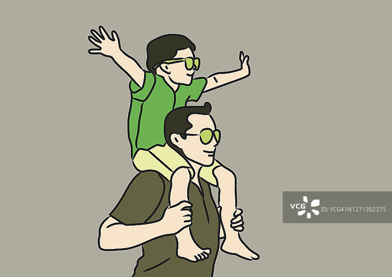 在父亲的肩膀上感受海风的男孩图片素材