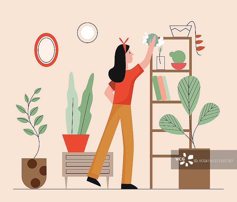 干净的房子矢量插图：卡通快乐的家庭主妇在家庭中工作，清洁客厅的家庭室内背景图片素材