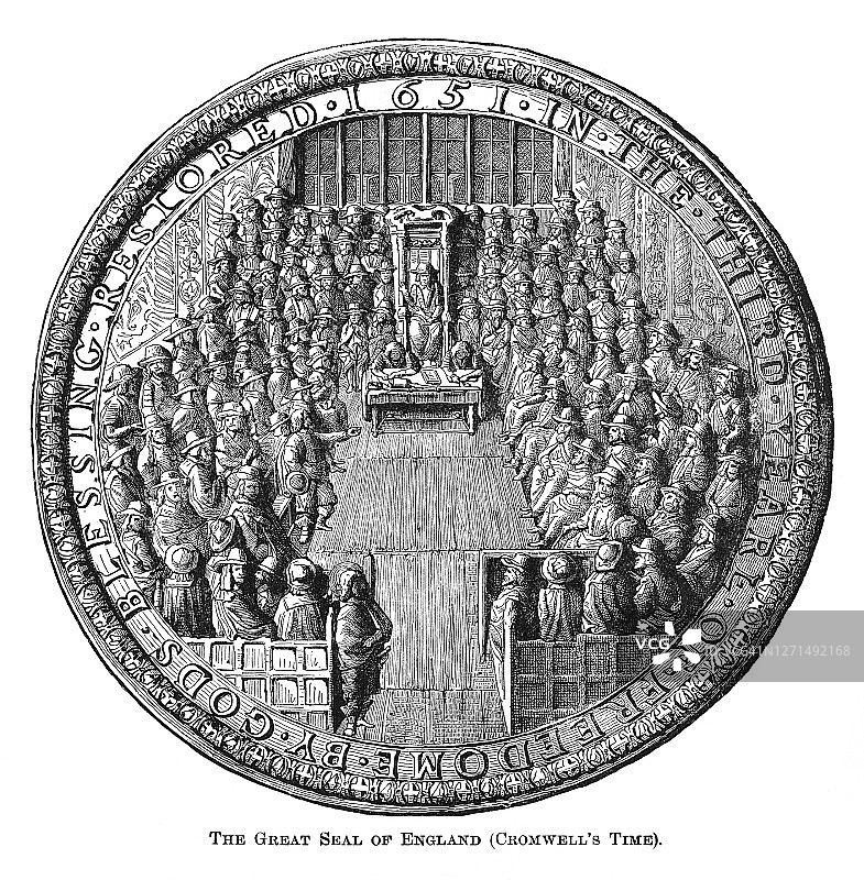 英格兰大印章（克伦威尔时代）的古老雕刻插图图片素材