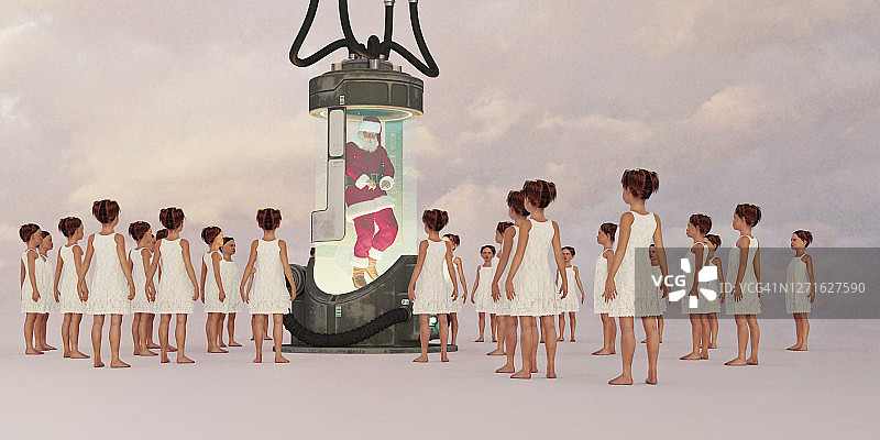 多个观看冷冻舱内圣诞老人的女孩图片素材