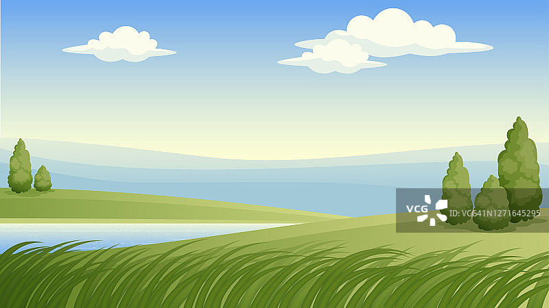 夏季田野风光矢量插画：丝柏树和蓝天白云，意大利乡村风光，托斯卡纳风景图片素材