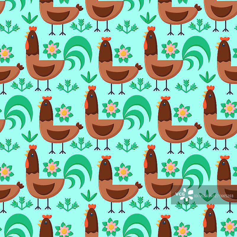 小鸡和草的无缝图案，适用于壁纸和食品背景。图片素材