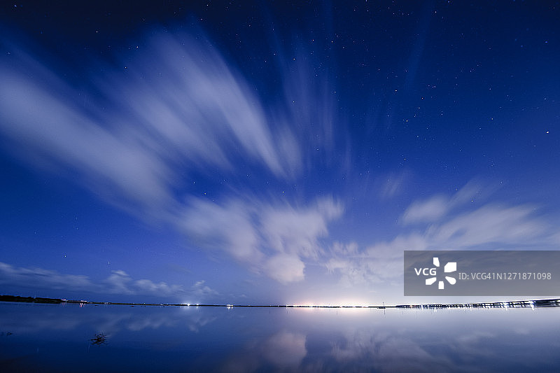 夜晚的星空和快速移动的云朵，平静的湖面如镜面般倒映图片素材