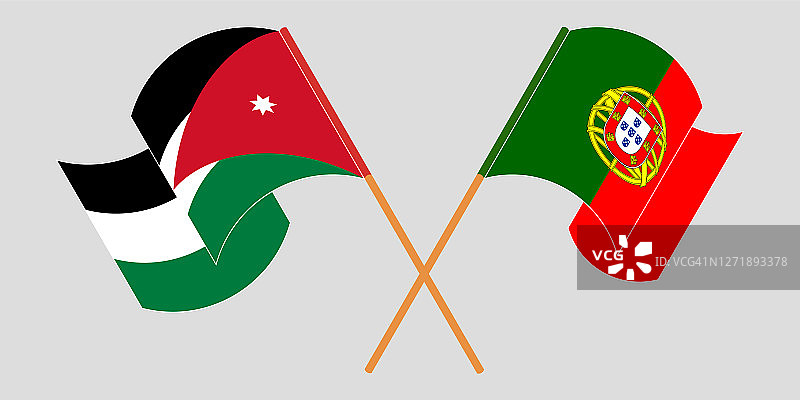 约旦和葡萄牙交叉飘扬的旗帜图片素材