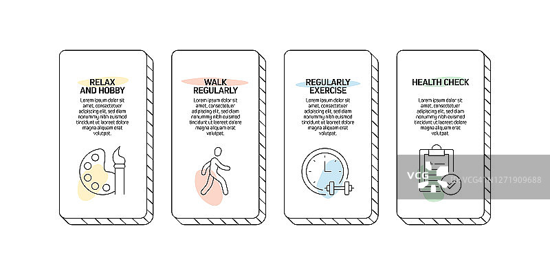 健康生活方式相关过程信息图表模板。过程时间图。使用线性图标的工作流布局图片素材