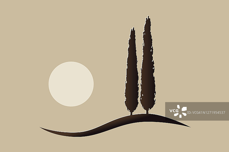 地中海矢量柏树图标Logo剪影（山丘和太阳）图片素材