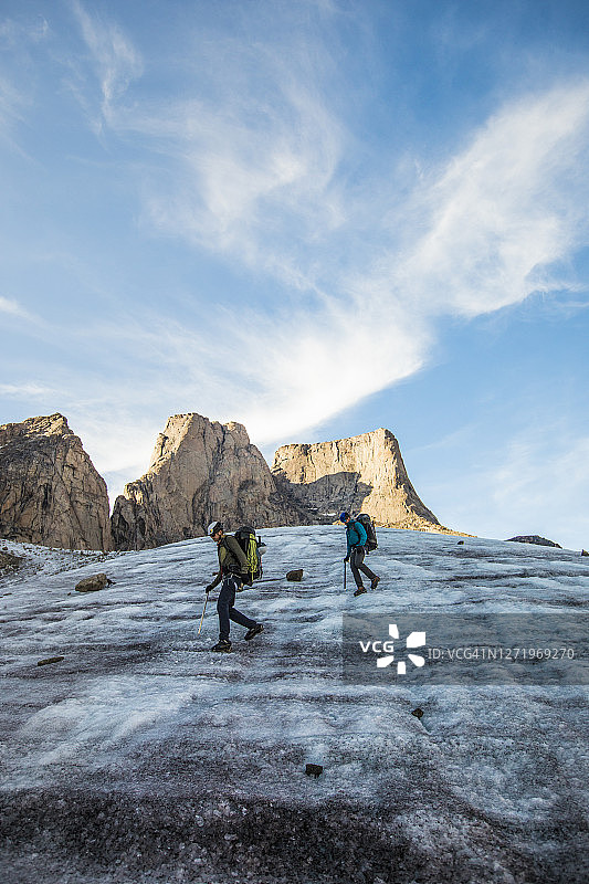 两名登山者在阿斯加德山下的冰川上行走图片素材