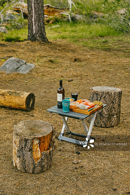 在北加利福尼亚森林的露营地设置的野餐场景图片素材