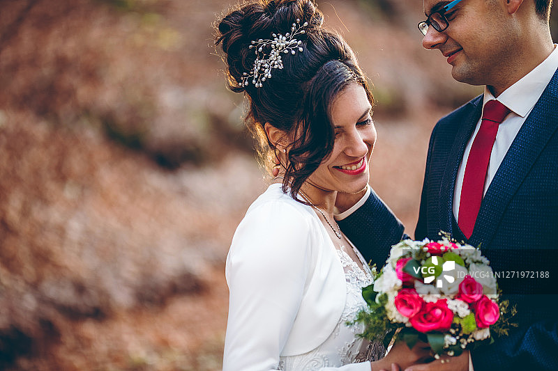 新婚夫妇在自然风光中的桥上图片素材