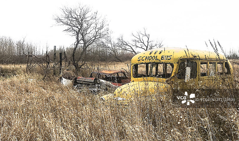 高高的草原上燃烧的汽车和校车图片素材