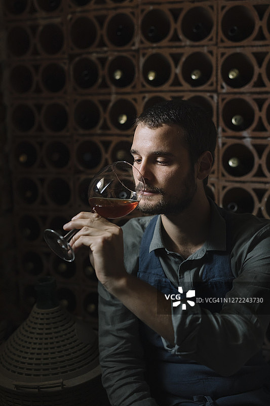 品酒时看着玻璃杯中葡萄酒的年轻男人图片素材