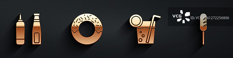 调味酱瓶、甜甜圈、鸡尾酒和煎香肠图标素材，带长阴影图片素材