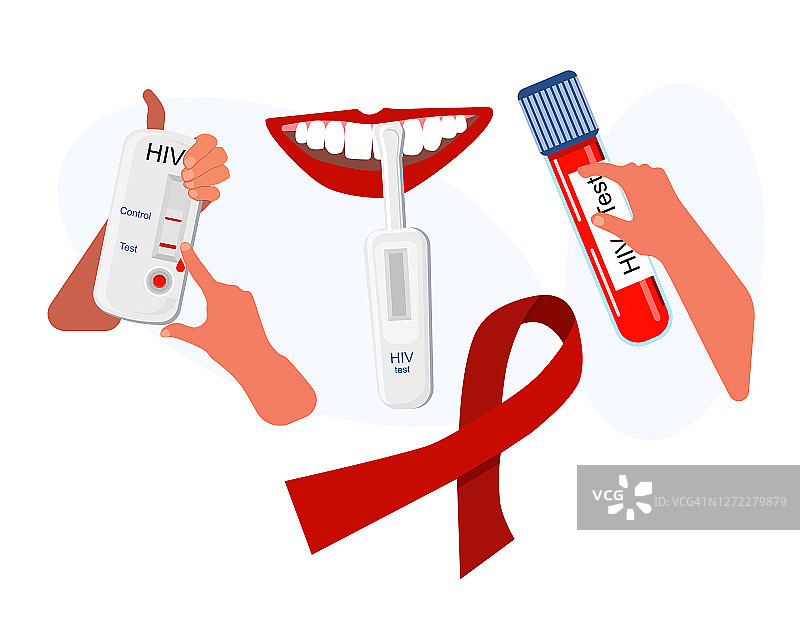 带人手和嘴的快速HIV自检试剂盒插图，艾滋病预防，免疫缺陷病毒诊断概念图片素材