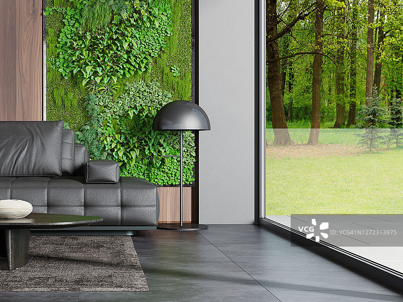 现代乡村别墅客厅内景，配有大型门窗、绿苔和植物墙，以及自然森林背景图片素材