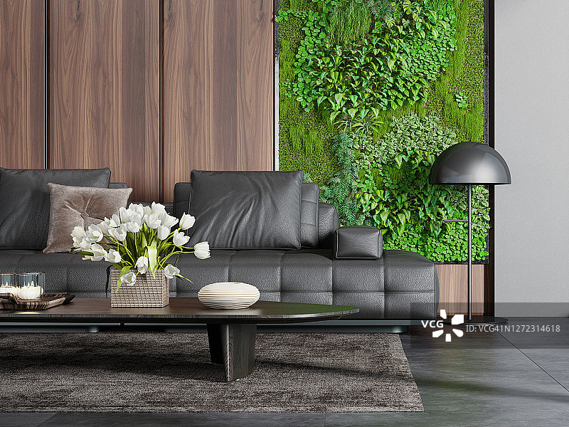 现代乡村别墅客厅内景，配有大型门窗、绿苔和植物墙，以及自然森林背景图片素材