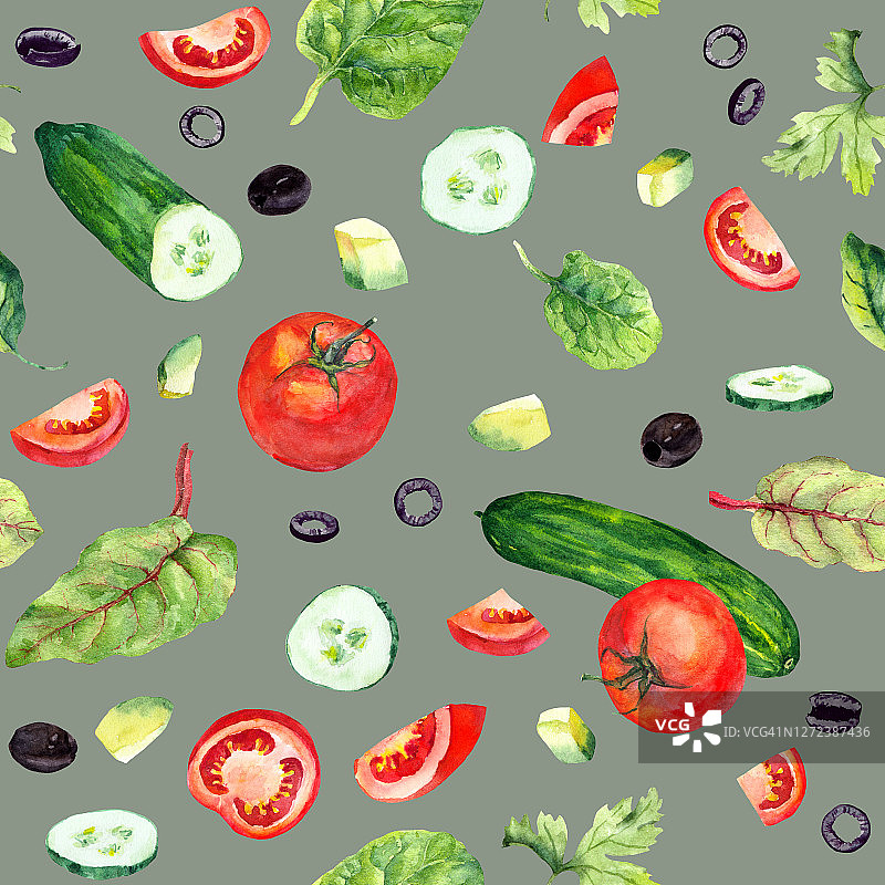 以西红柿、鲜叶、黄瓜、鳄梨和橄榄为主题的沙拉食品图案图片素材