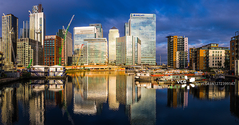 英国伦敦金丝雀码头银行摩天大楼日出全景图片素材