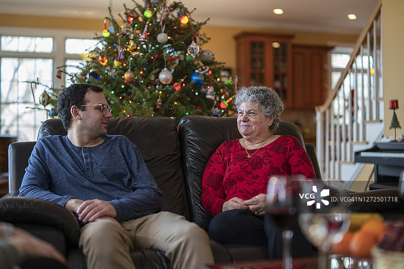 年长的母亲和成年的儿子在圣诞节装饰的客厅里交谈图片素材